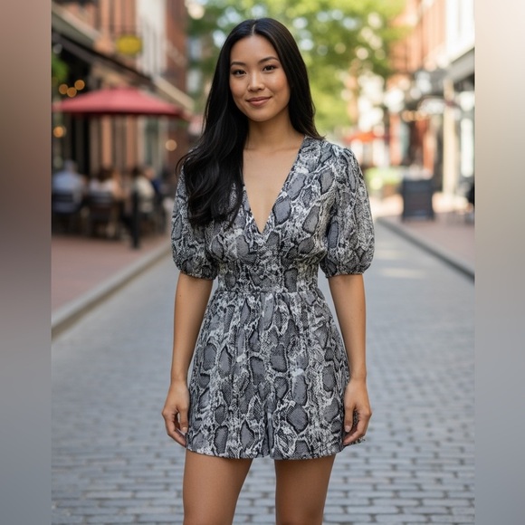 MAIN STRIP Romper Snake Skin Print, V-Neck, Gray/Black & White, Size‎ Large - Picture 12 of 12